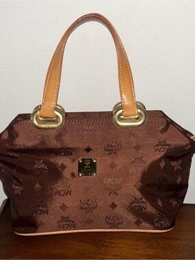 MCM Brown Monogram Jacquard Tote with Tan Leather Handles